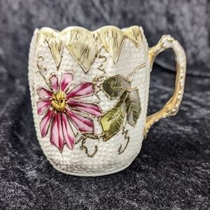 Vintage unique hand painted & gilded hobnail style handled small cup